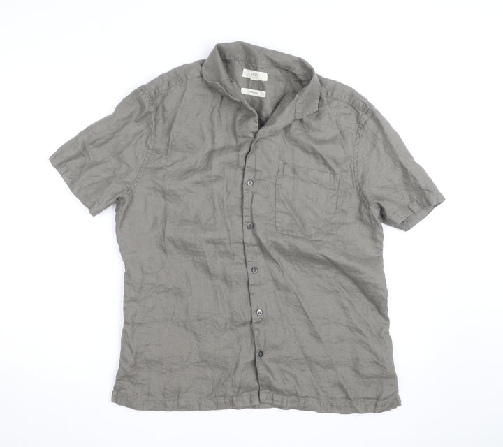 Marks and Spencer Men's Grey Linen Short Sleeve Button-Up Shirt M