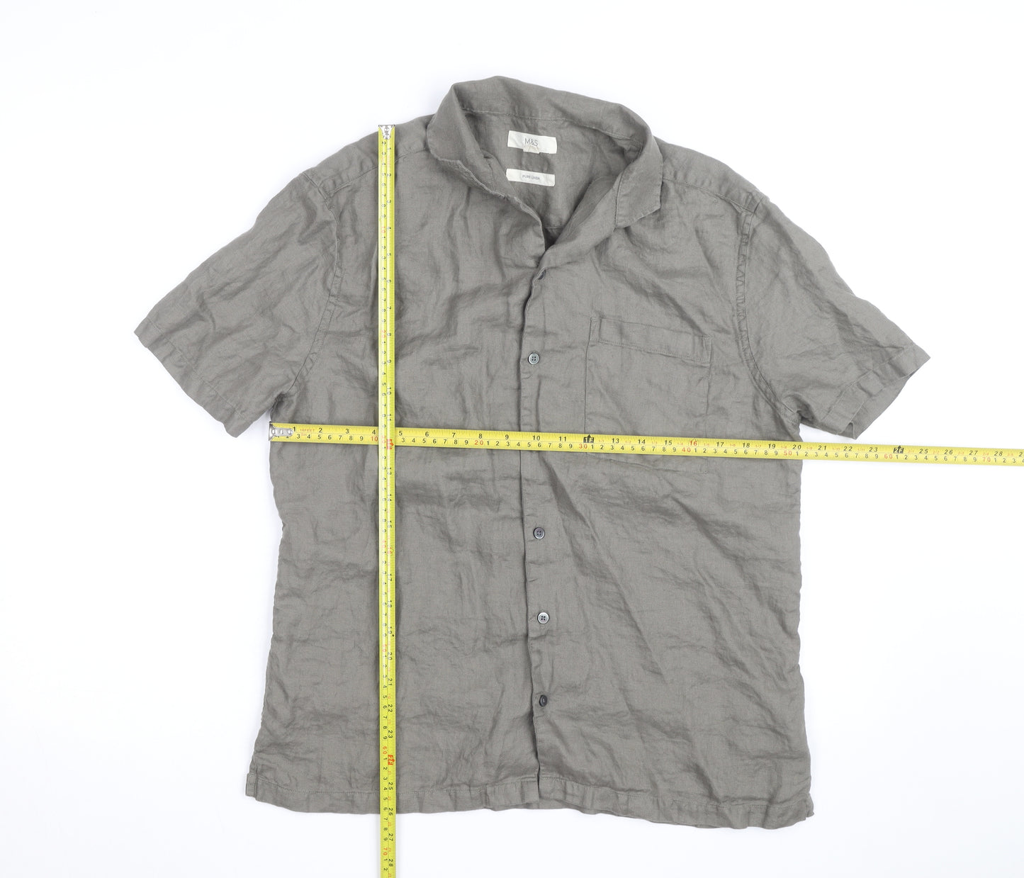 Marks and Spencer Men's Grey Linen Short Sleeve Button-Up Shirt M