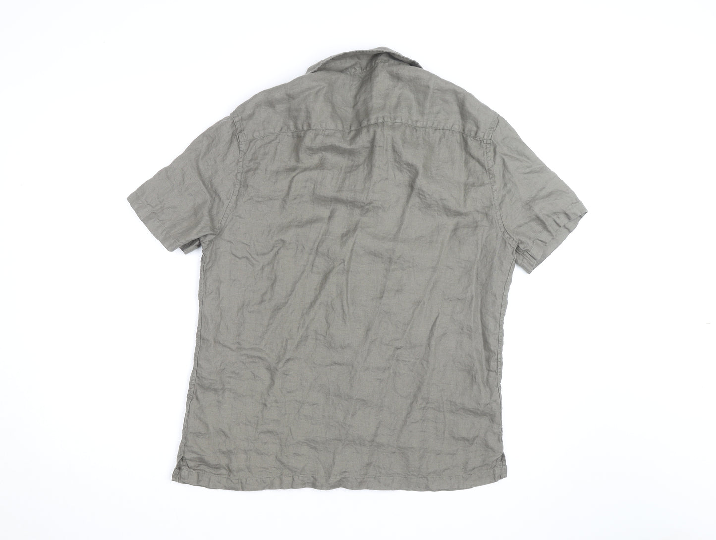 Marks and Spencer Men's Grey Linen Short Sleeve Button-Up Shirt M