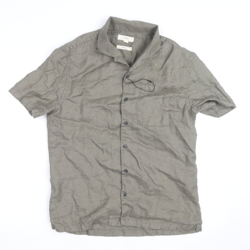 Marks and Spencer Men's Grey Linen Short Sleeve Button-Up Shirt S