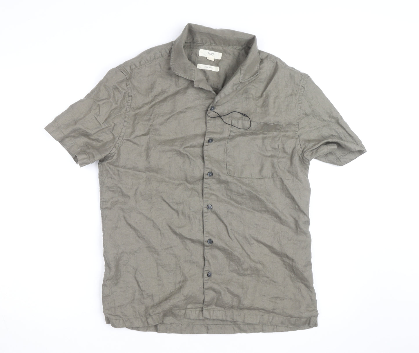 Marks and Spencer Men's Grey Linen Short Sleeve Button-Up Shirt S
