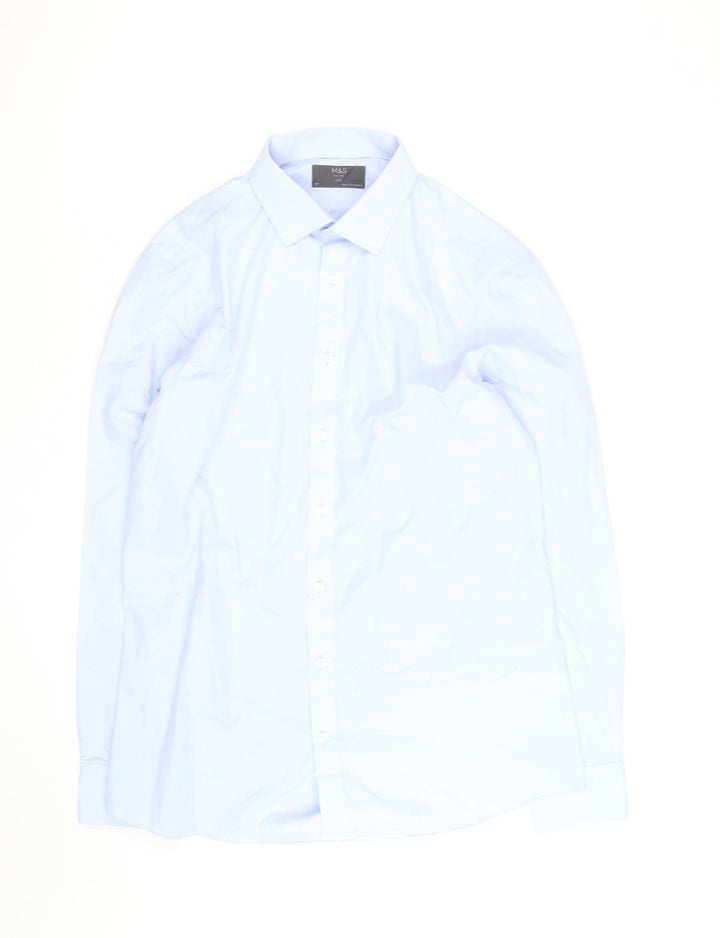 Marks and Spencer Men's Blue Slim Fit Long Sleeve Button-Up Shirt Size 16
