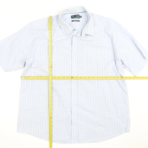 Marks and Spencer Men's Blue Check Cotton Short Sleeve Button-Up Shirt 18.5in