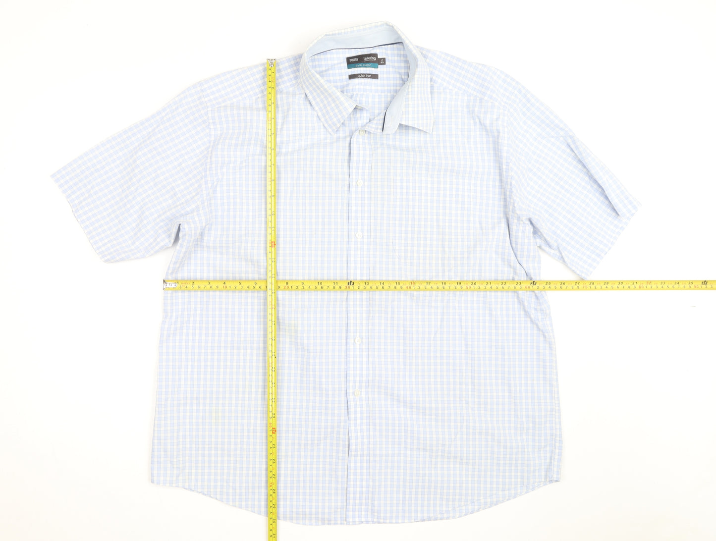 Marks and Spencer Men's Blue Check Cotton Short Sleeve Button-Up Shirt 18.5in