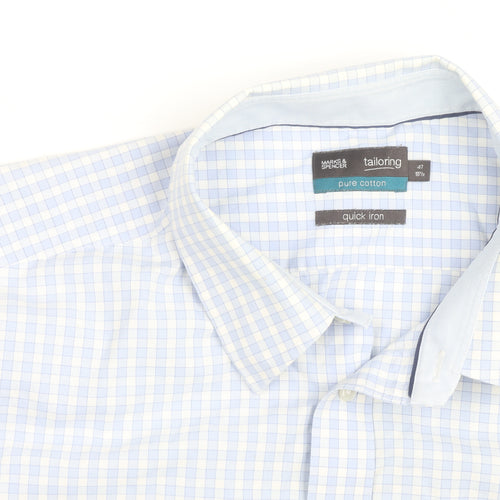 Marks and Spencer Men's Blue Check Cotton Short Sleeve Button-Up Shirt 18.5in