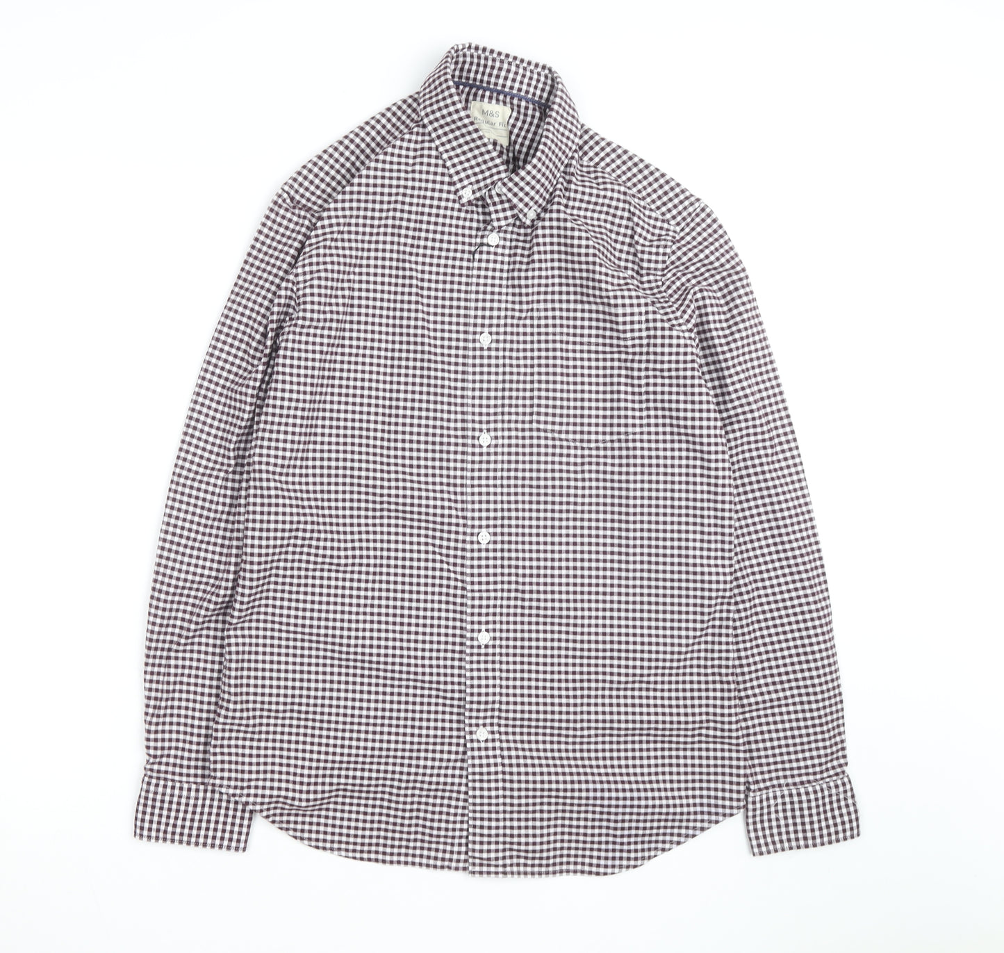 Marks and Spencer Men's Brown Check Regular Fit Long Sleeve Cotton Shirt Size M