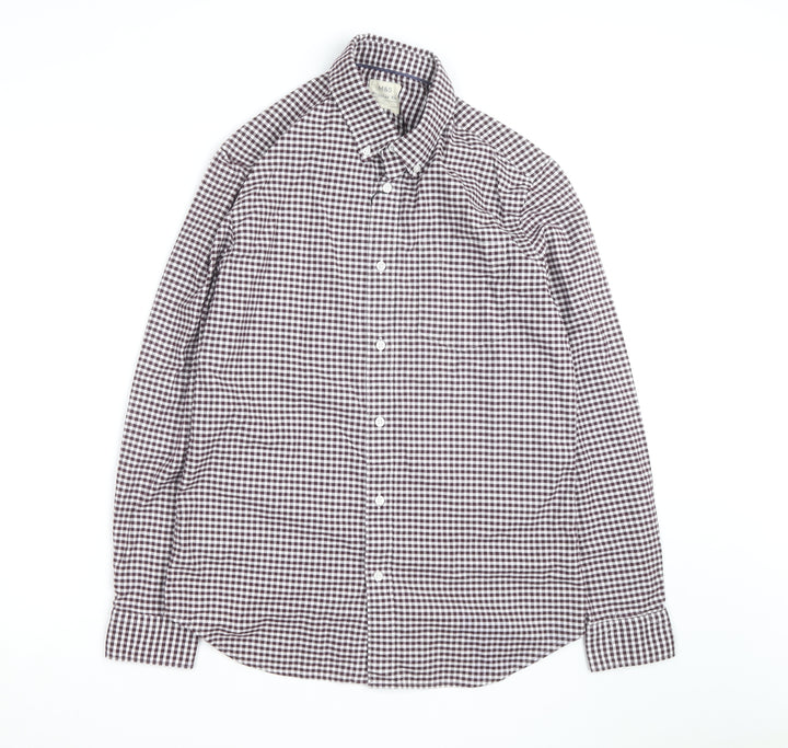 Marks and Spencer Men's Brown Check Regular Fit Long Sleeve Cotton Shirt Size M
