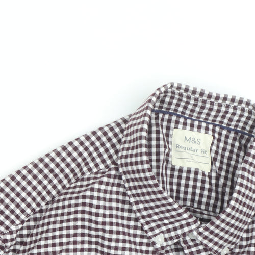 Marks and Spencer Men's Brown Check Regular Fit Long Sleeve Cotton Shirt Size M