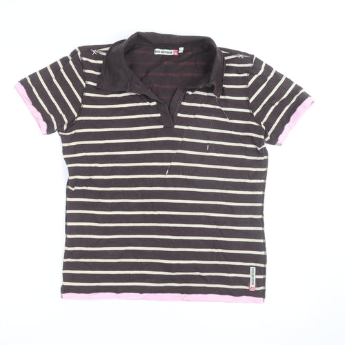 Duck and Cover Women's Brown Striped Polo Shirt L Cotton Blend