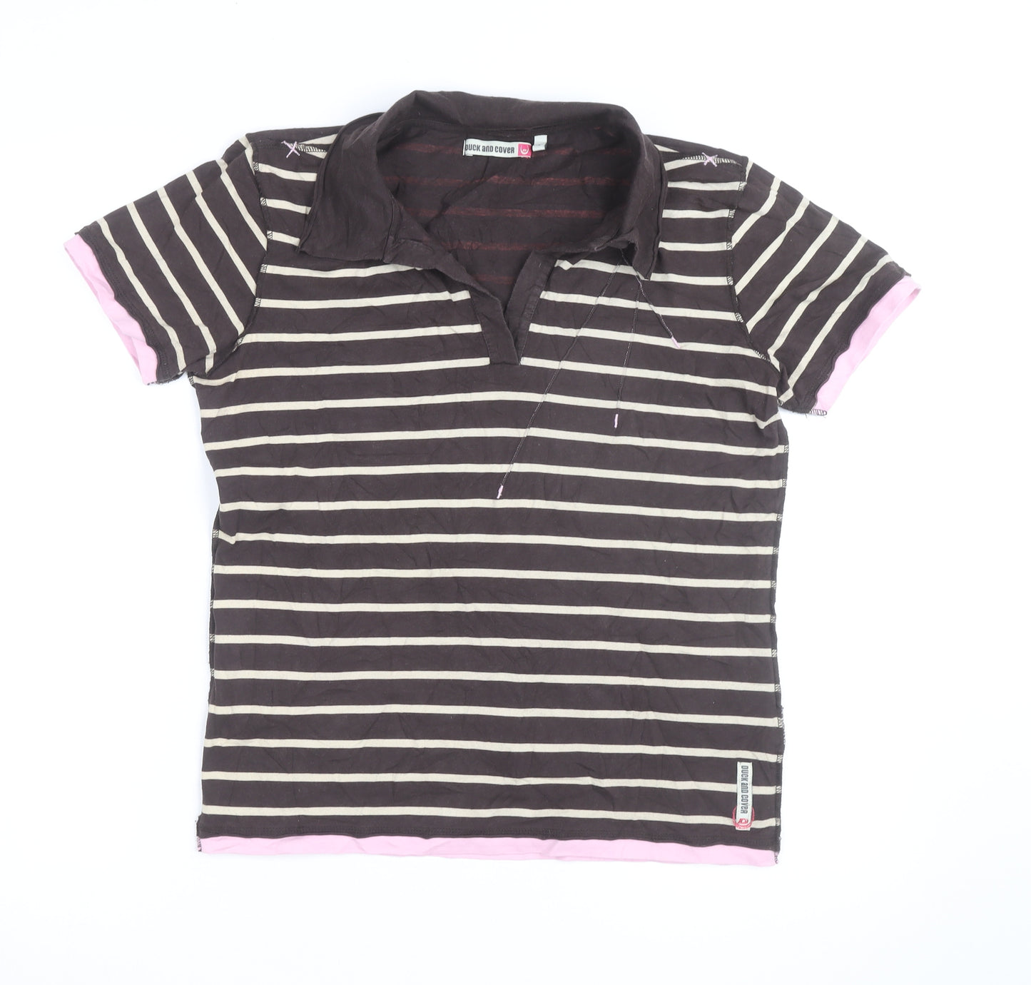 Duck and Cover Women's Brown Striped Polo Shirt L Cotton Blend