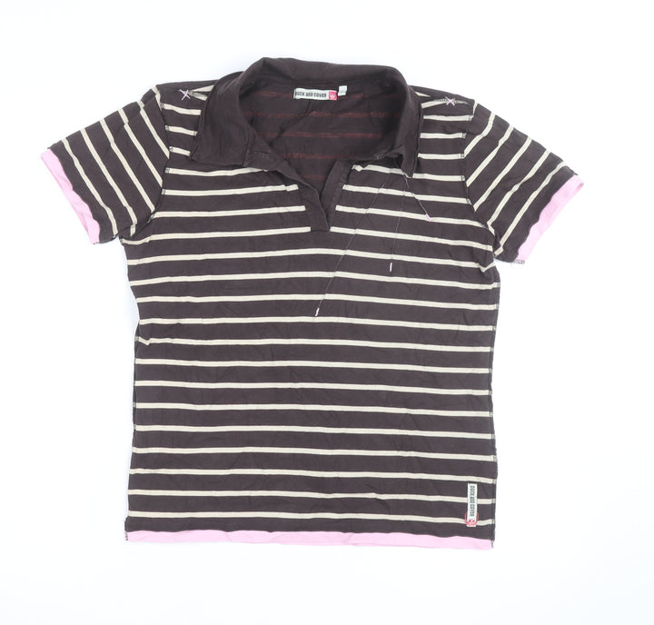 Duck and Cover Women's Brown Striped Polo Shirt L Cotton Blend