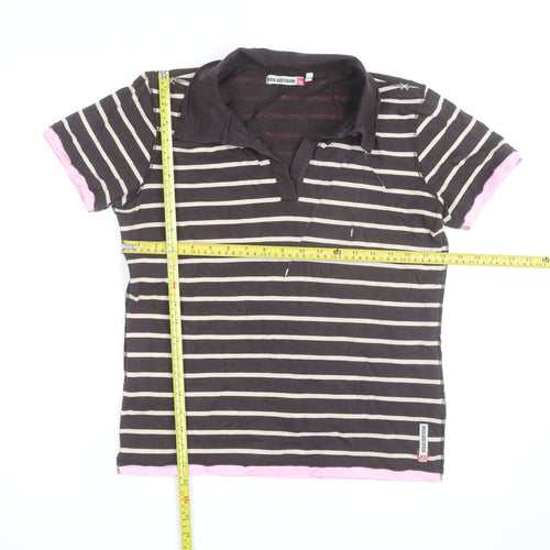 Duck and Cover Women's Brown Striped Polo Shirt L Cotton Blend