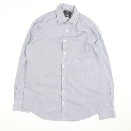 Marks and Spencer Men's Blue Check Tailored Cotton Long Sleeve Shirt M