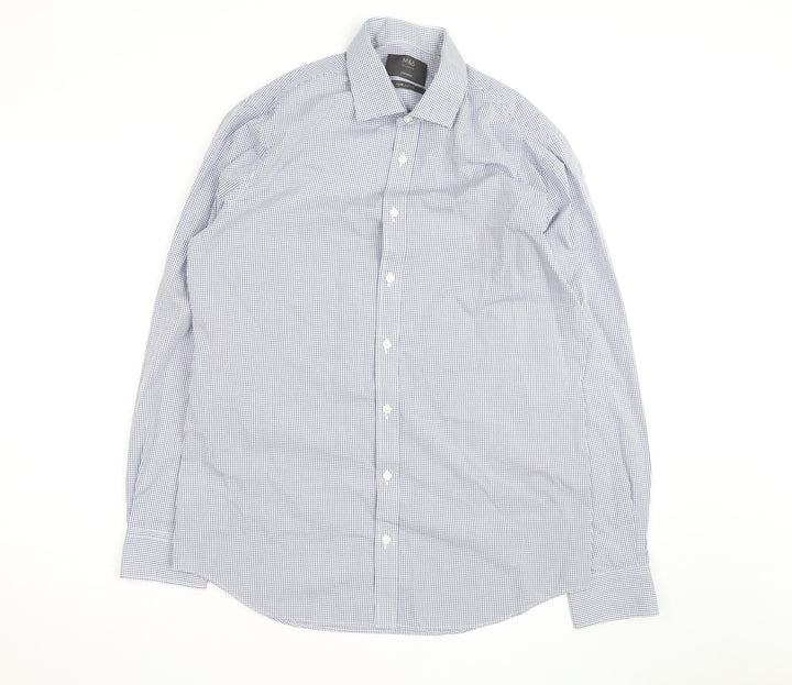 Marks and Spencer Men's Blue Check Tailored Cotton Long Sleeve Shirt M
