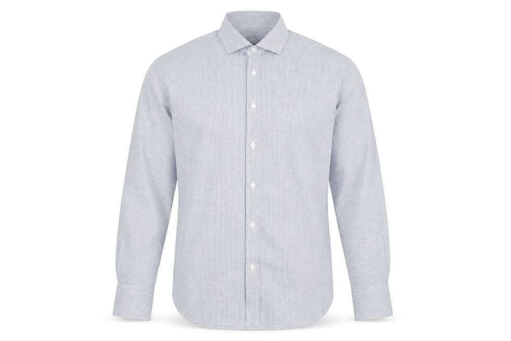 Marks and Spencer Men's Blue Check Tailored Cotton Long Sleeve Shirt M