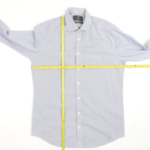 Marks and Spencer Men's Blue Check Tailored Cotton Long Sleeve Shirt M