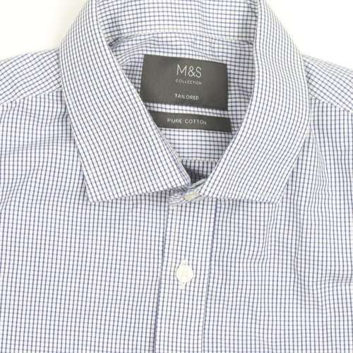 Marks and Spencer Men's Blue Check Tailored Cotton Long Sleeve Shirt M