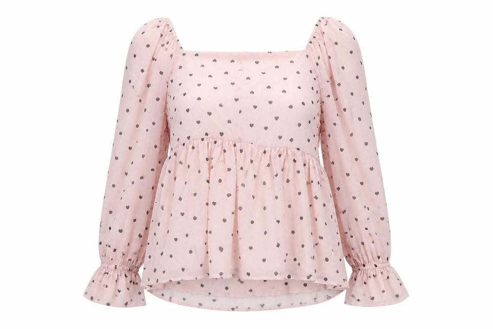 Front view of Yours women’s pink heart print chiffon bow blouse plus, size UK 30-32