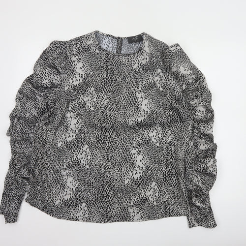 AX Paris Womens Black Animal Print Ruffle Long Sleeve Blouse Size 14