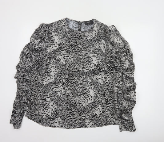 AX Paris Womens Black Animal Print Ruffle Long Sleeve Blouse Size 14