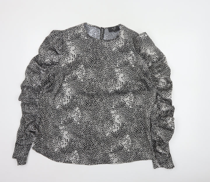 AX Paris Womens Black Animal Print Ruffle Long Sleeve Blouse Size 14