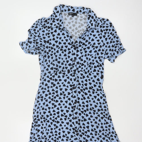 Nobody's Child Blue Heart Print Short Sleeve Shirt Dress UK 8