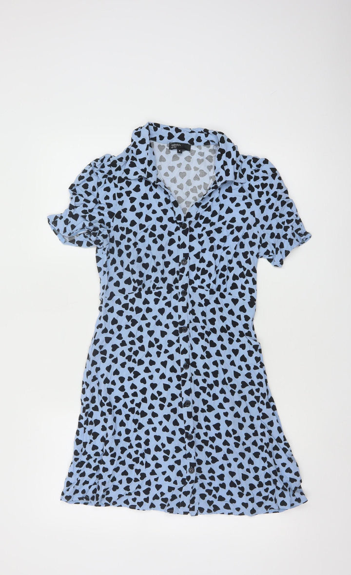 Nobody's Child Blue Heart Print Short Sleeve Shirt Dress UK 8