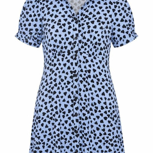 Nobody's Child Blue Heart Print Short Sleeve Shirt Dress UK 8