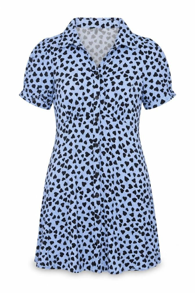 Nobody's Child Blue Heart Print Short Sleeve Shirt Dress UK 8