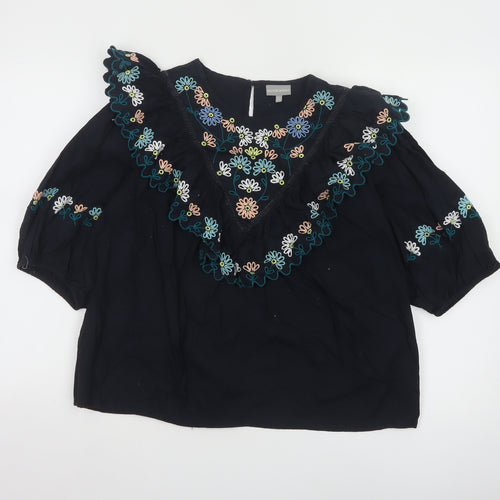 Oliver Bonas Women Black Embroidered 3/4 Sleeve Cotton Tunic Blouse UK14