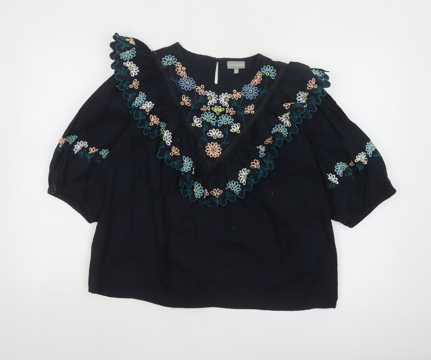 Oliver Bonas Women Black Embroidered 3/4 Sleeve Cotton Tunic Blouse UK14