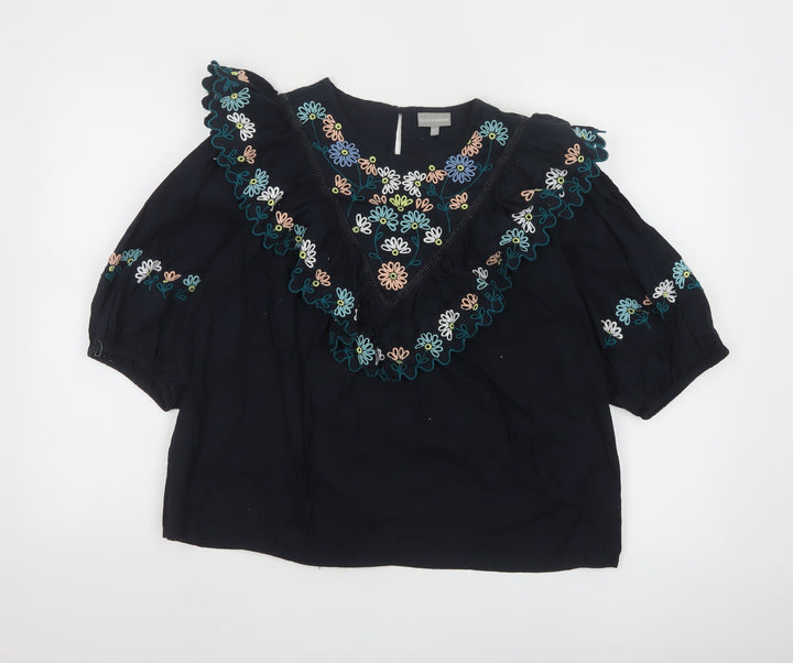 Oliver Bonas Women Black Embroidered 3/4 Sleeve Cotton Tunic Blouse UK14
