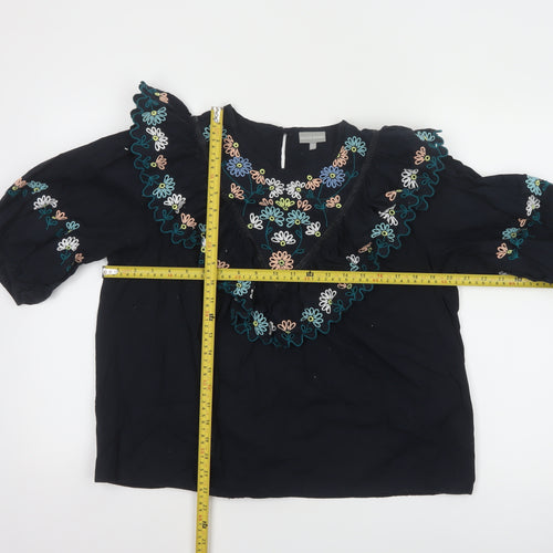 Oliver Bonas Women Black Embroidered 3/4 Sleeve Cotton Tunic Blouse UK14