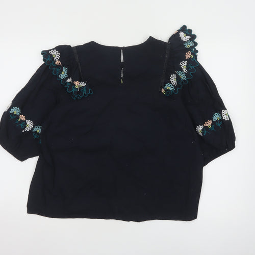 Oliver Bonas Women Black Embroidered 3/4 Sleeve Cotton Tunic Blouse UK14