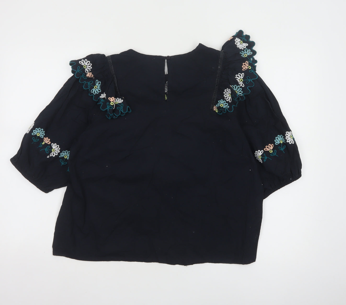 Oliver Bonas Women Black Embroidered 3/4 Sleeve Cotton Tunic Blouse UK14