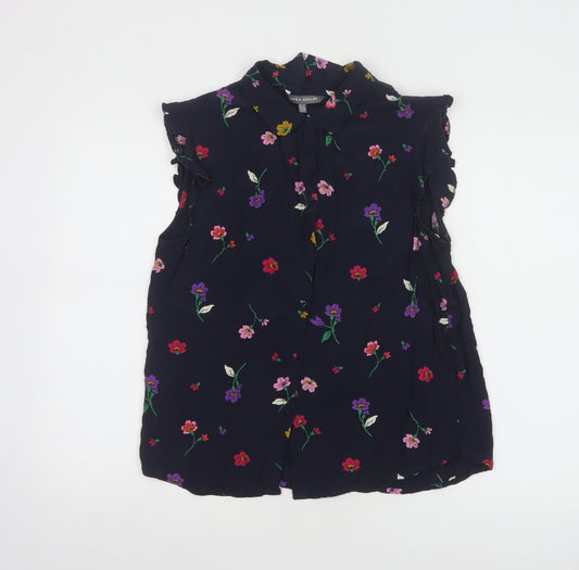 Laura Ashley Women's Blue Floral Sleeveless Collared Tunic Blouse Size 14