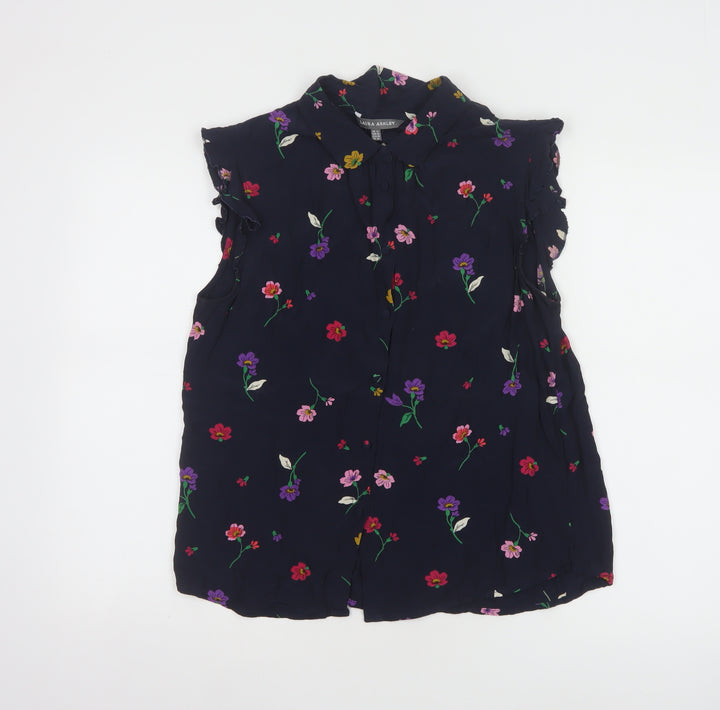 Laura Ashley Women's Blue Floral Sleeveless Collared Tunic Blouse Size 14