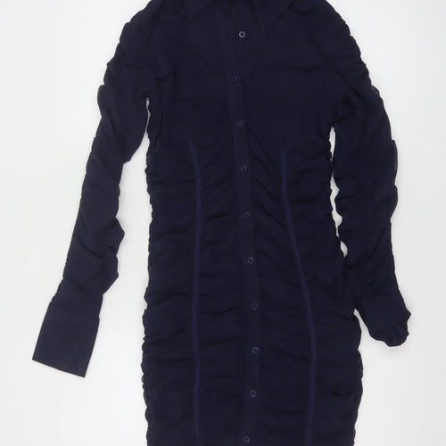 Zara Women Blue Size 10 Ruched Long Sleeve Shirt Dress