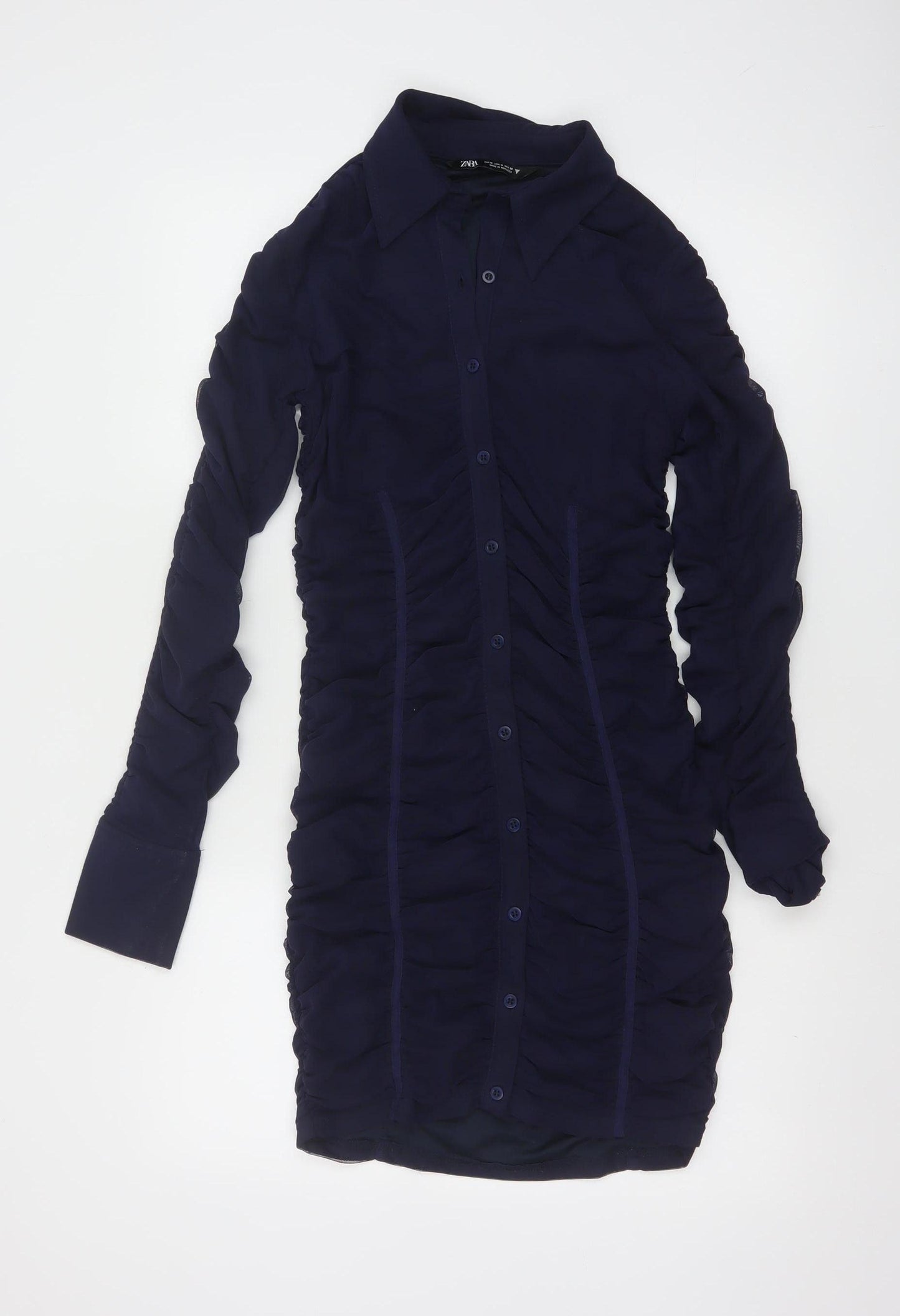 Zara Women Blue Size 10 Ruched Long Sleeve Shirt Dress