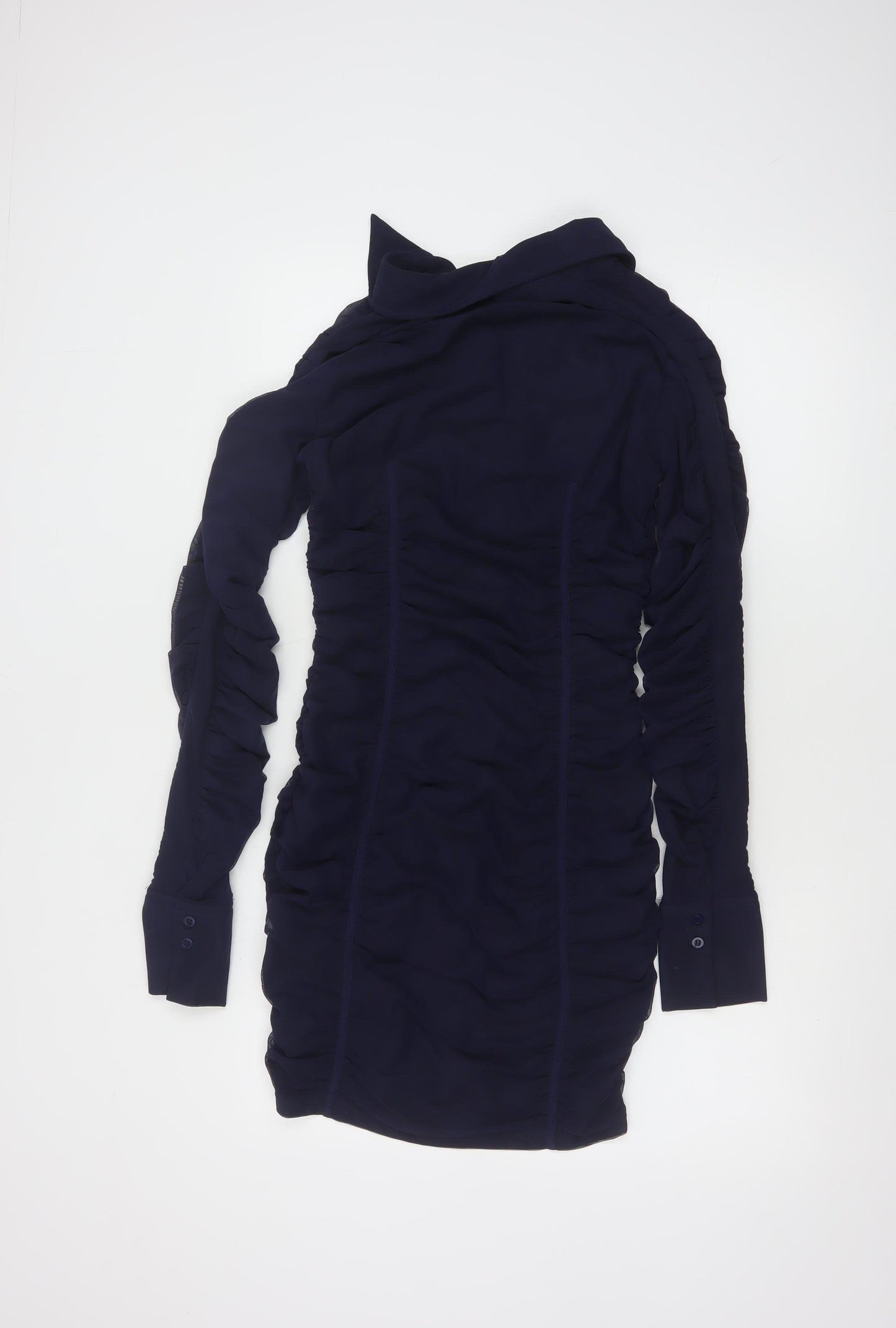 Zara Women Blue Size 10 Ruched Long Sleeve Shirt Dress