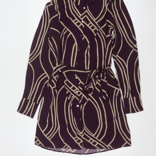 New Look Women Purple Beige Geometric Shirt Dress UK 8 Long Sleeve Belted