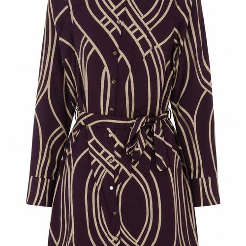 New Look Women Purple Beige Geometric Shirt Dress UK 8 Long Sleeve Belted