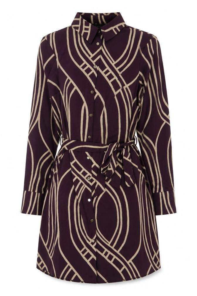 New Look Women Purple Beige Geometric Shirt Dress UK 8 Long Sleeve Belted