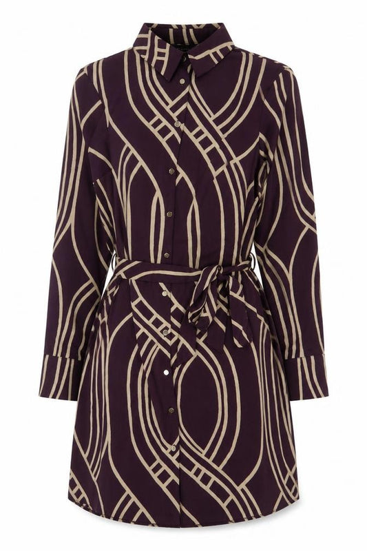 Front view of New Look Women Purple Beige Geometric Shirt Dress UK 8 Long Sleeve Belted