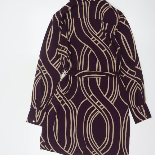 New Look Women Purple Beige Geometric Shirt Dress UK 8 Long Sleeve Belted