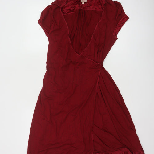 Whistles Women’s Red Wrap Dress Size 12 Short Sleeve Collared Ruffle Hem