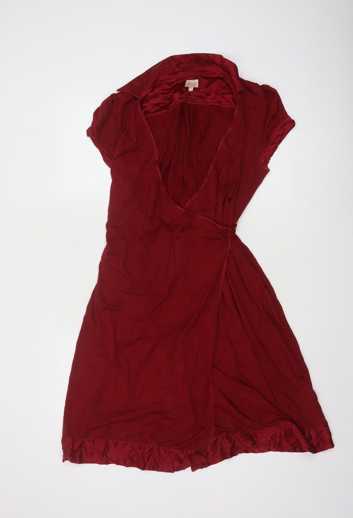 Whistles Women’s Red Wrap Dress Size 12 Short Sleeve Collared Ruffle Hem