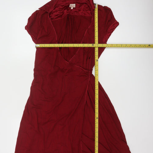 Whistles Women’s Red Wrap Dress Size 12 Short Sleeve Collared Ruffle Hem