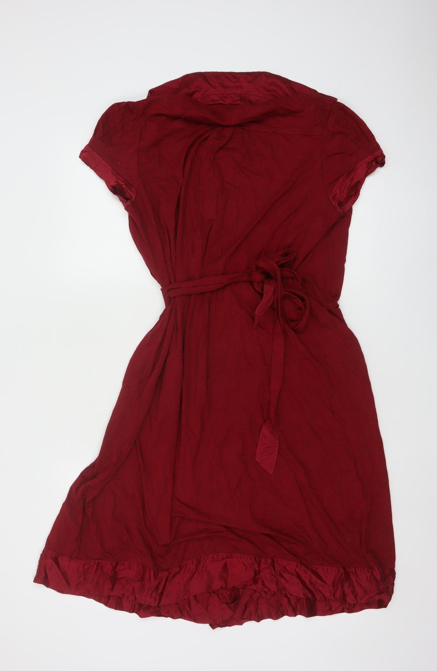 Whistles Women’s Red Wrap Dress Size 12 Short Sleeve Collared Ruffle Hem