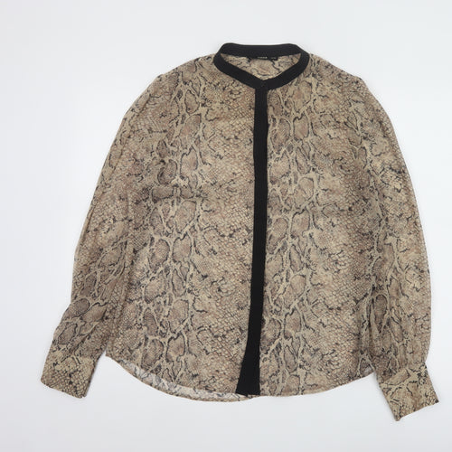 Oasis Women Beige Animal Print Long Sleeve Chiffon Blouse Size 14